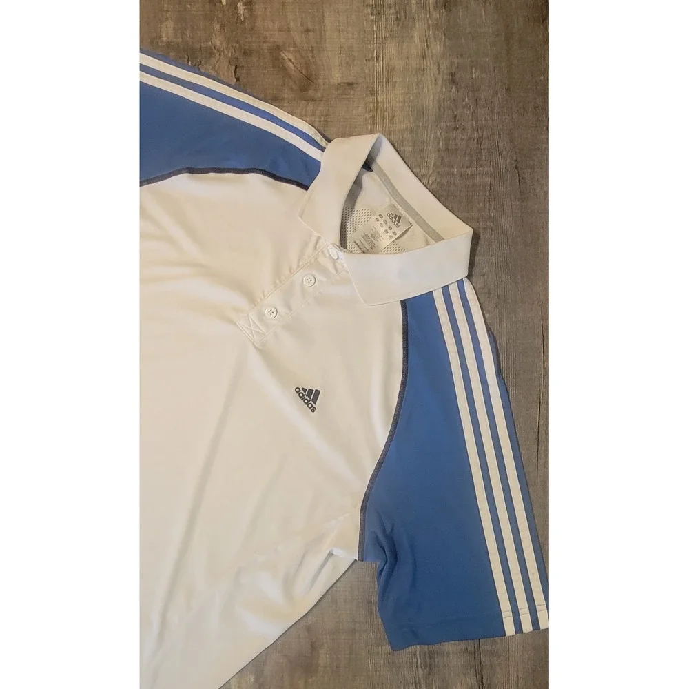 Adidas Clima365 Mens Polo Shirt Large White Blue ClimaCool Golf Athletic Tee